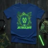 Junglist t-shirt with a neon green roaring lion graphic and jungle foliage, featuring the word JUNGLIST in bold text