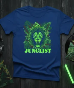 Junglist t-shirt with a neon green roaring lion graphic and jungle foliage, featuring the word JUNGLIST in bold text