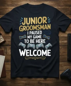 Junior Groomsman I Paused My Game To Be Here Welcome t-shirt with gaming controllers and bow ties