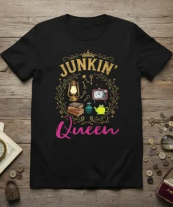 Junkin' Queen t-shirt design featuring vintage items like a lantern, books, and old TV