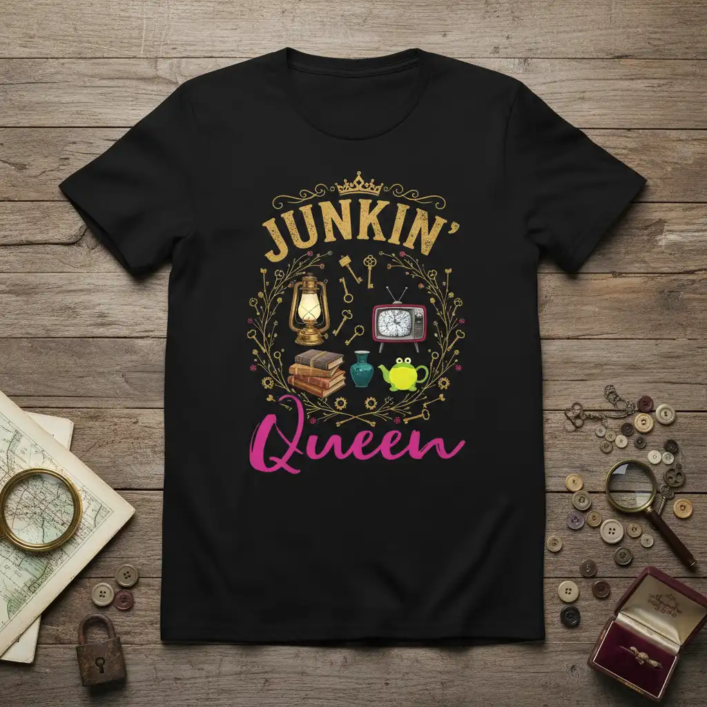 Junkin' Queen text with vintage graphics including a lantern, books, and retro TV on a black t-shirt