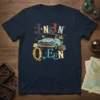 Junkin' Queen t-shirt with vintage teal truck, old keys, teacup, and books