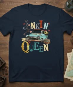 Junkin' Queen t-shirt with vintage teal truck, old keys, teacup, and books