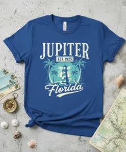 Jupiter Florida lighthouse design with "Est. 1925" and "Florida" text, featuring palm trees and ocean waves