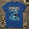 Jurassic Shark T-Shirt design featuring a fierce shark breaching water with 'Jurassic Shark' text above, set against a prehistoric forest