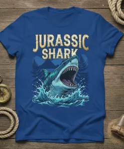 Jurassic Shark T-Shirt design featuring a fierce shark breaching water with 'Jurassic Shark' text above, set against a prehistoric forest