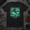 Jurassic World Dominion t-shirt featuring a neon green T-Rex skeleton graphic breaking through a frame