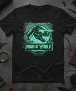 Jurassic World Dominion t-shirt featuring a neon green T-Rex skeleton graphic breaking through a frame