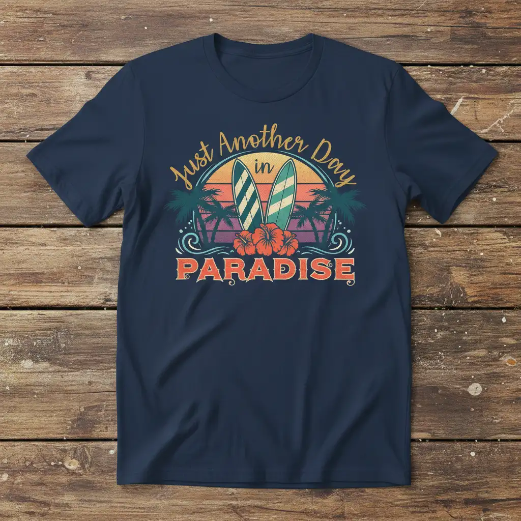 Just Another Day in PARADISE quote with vintage sunset, surfboards, palm trees, and flowers graphic