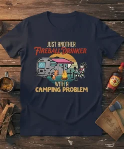 T-shirt with text "Just Another Fireball Drinker With A Camping Problem" and cartoon illustration of a camper, campfire, and person