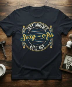 JUST ANOTHER Sexy-Ass BALD GUY t-shirt design with barber pole graphics and vintage style text