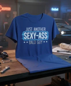 Just Another Sexy-Ass Bald Guy text design on a blue t-shirt, featuring bold white lettering and star accents