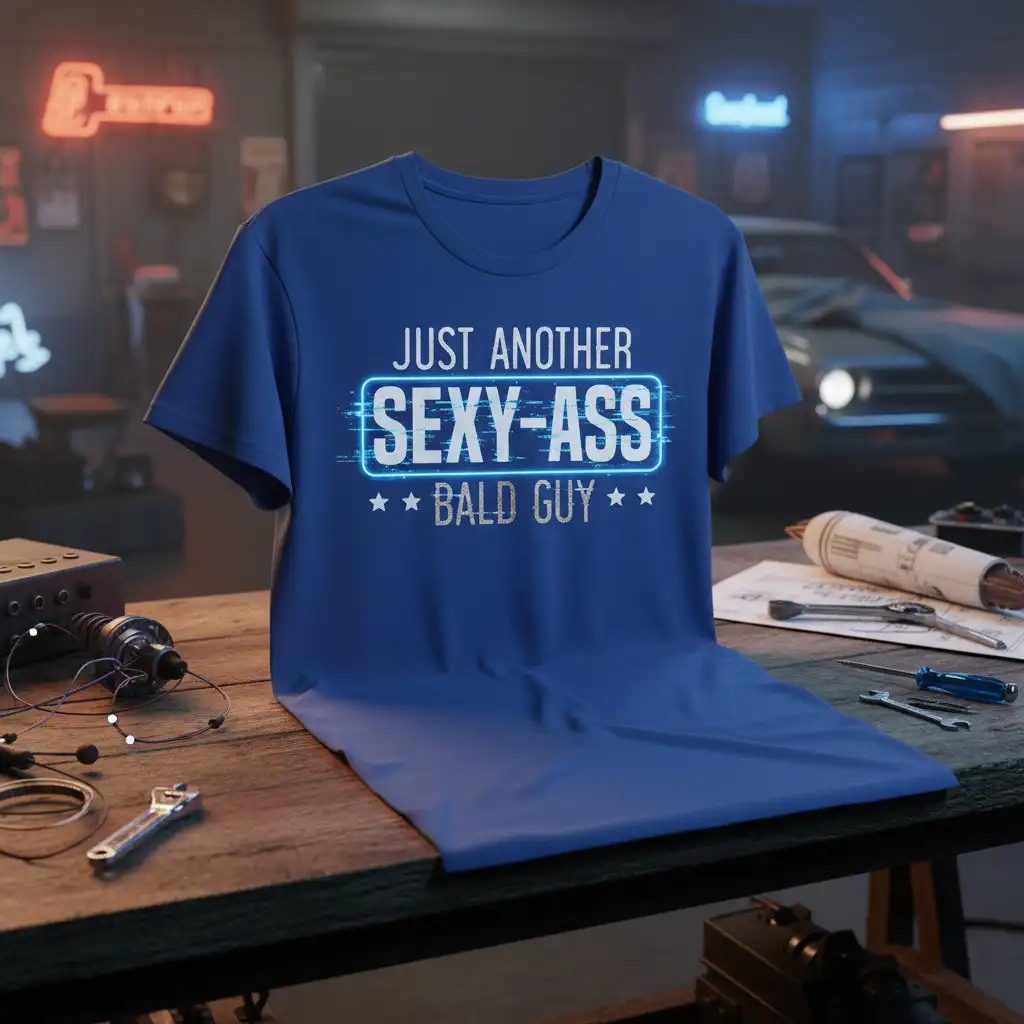 Just Another Sexy-Ass Bald Guy quote in bold, futuristic font on a blue t-shirt, perfect for bald men