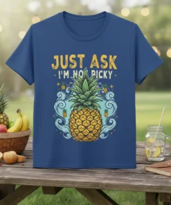 Just Ask I'm No Picky text above a large, detailed pineapple graphic with swirling blue waves and small pineapple accents