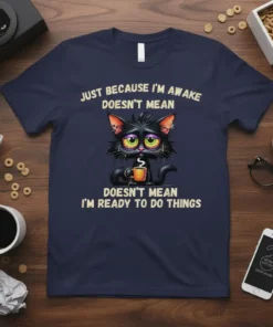 Just Because I'm Awake Doesn't Mean I'm Ready To Do Things quote with a sleepy black cat holding a coffee