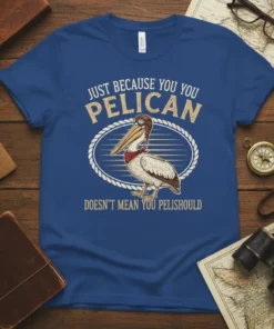T-shirt with the text "JUST BECAUSE YOU YOU PELICAN DOESN'T MEAN YOU PELISHould" and a graphic of a pelican wearing