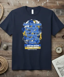 T-shirt with text "Just Because You're In The Storm, Doesn't Mean It's Over. Call Your Suicide & Crisis Lifeline." in