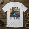 Just Bite Me shark graphic t-shirt with retro stripes and aggressive shark illustration