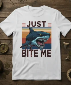 Just Bite Me shark graphic t-shirt with retro stripes and aggressive shark illustration