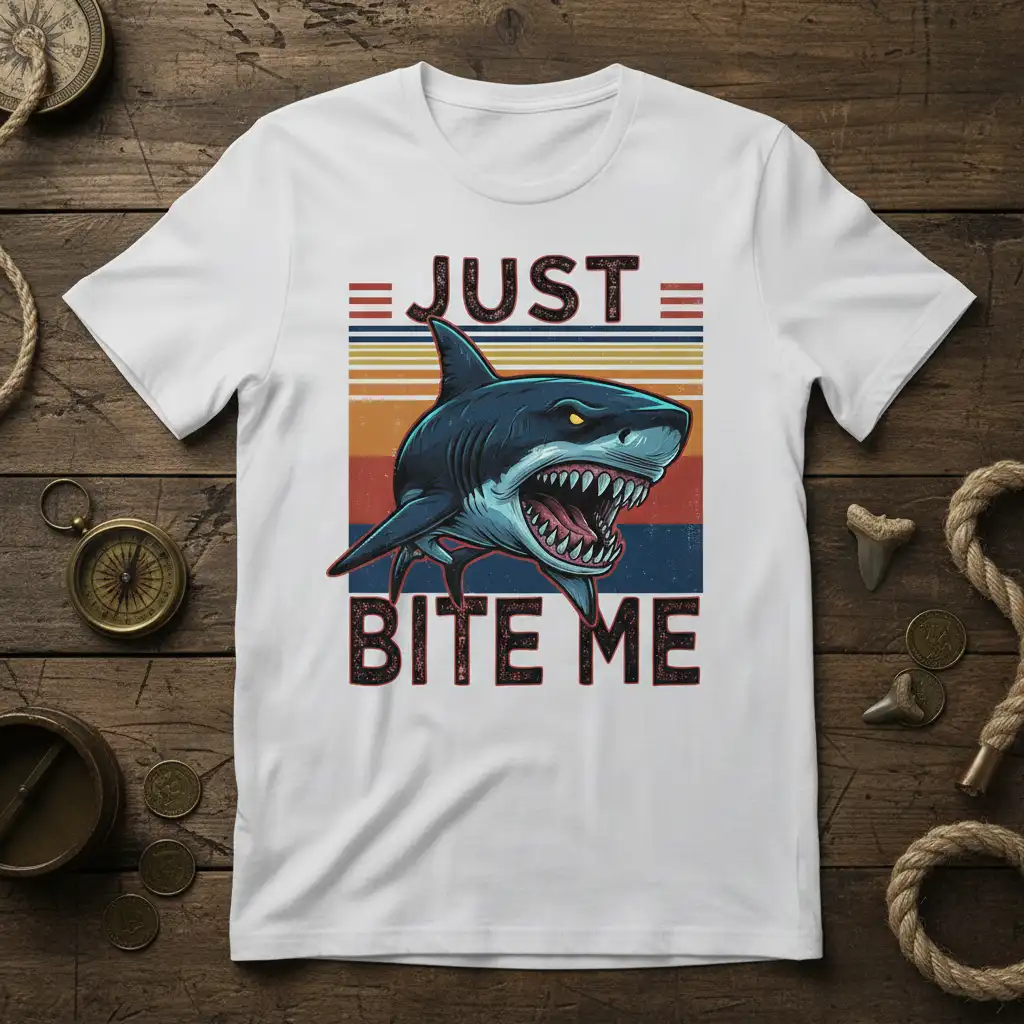 Just Bite Me shark quote with aggressive shark illustration and vintage stripes graphic