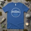 Just Breathe t-shirt with lotus flower design, white mandala circle, on royal blue fabric