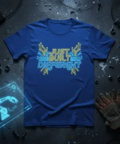 Just Built Different t-shirt with neon circuit board design in yellow and blue