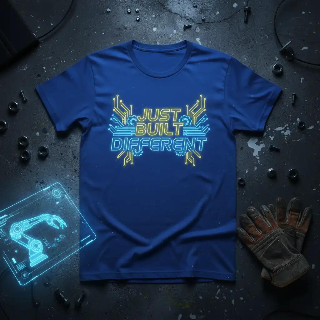 Just Built Different quote with neon circuit board graphics on a blue t-shirt