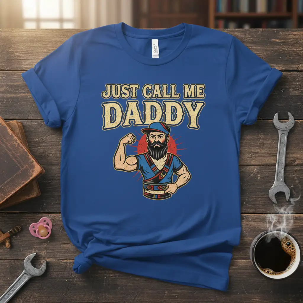 Just Call Me Daddy quote in distressed yellow font on a blue tee with a flexing cartoon dad graphic