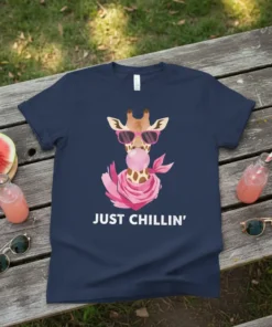 Just Chillin' text on a navy blue t-shirt with a cartoon giraffe wearing pink sunglasses and blowing bubblegum