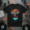 Black t-shirt with "JUST CHILLIN'" in neon orange and blue text, featuring a geometric neon cat graphic below