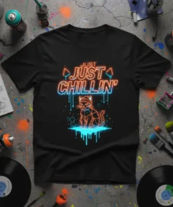 Black t-shirt with "JUST CHILLIN'" in neon orange and blue text, featuring a geometric neon cat graphic below