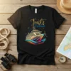 Just Cruisin' text above a colorful cruise ship graphic on a black t-shirt, ideal for cruise vacation apparel