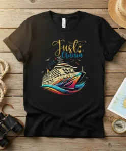Just Cruisin' text above a colorful cruise ship graphic on a black t-shirt, ideal for cruise vacation apparel