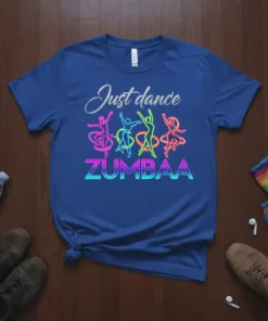 Just dance ZUMBAA t-shirt design featuring neon silhouette dancers and sparkling text, perfect for Zumba fitness lovers