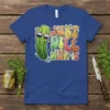 Just Dill With It t-shirt with a cartoon pickle wearing sunglasses and colorful text