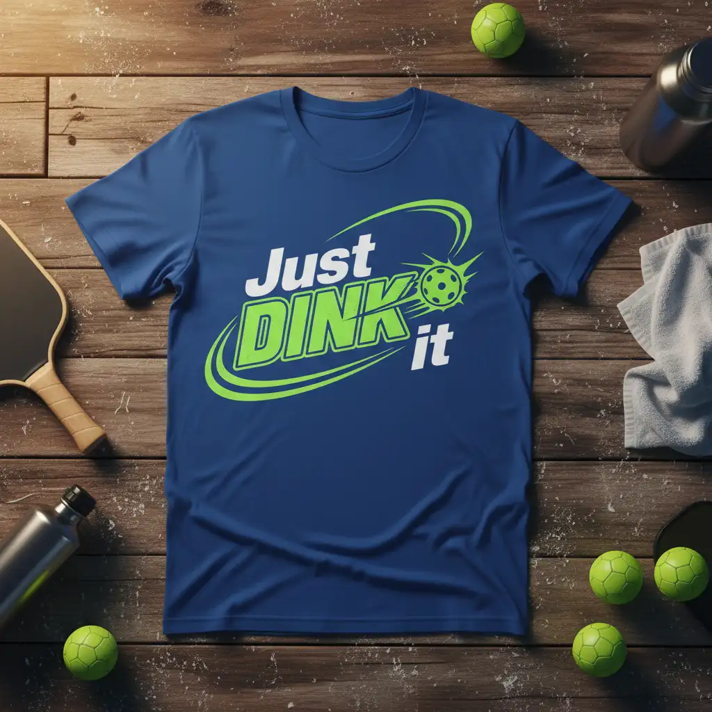 Just Dink it pickleball quote on a blue t-shirt with green accent graphics