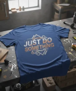 Blue t-shirt with "JUST DO SOMETHING" text in orange and white, featuring blueprint-style graphics and gears