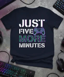 Just Five More Minutes gamer t-shirt with video game controller graphic and circuit board texture