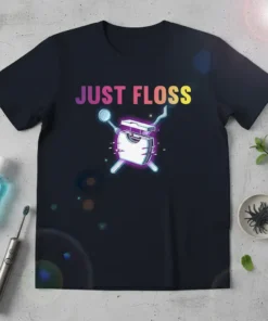 T-shirt with "JUST FLOSS" text and a graphic of floss and dental tools, perfect for dental hygienists