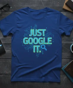 Blue t-shirt with "JUST GOOGLE IT." in neon green and blue text, featuring circuit board graphics and a magnifying glass