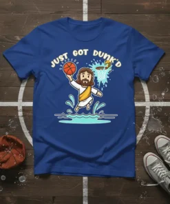 Just Got Dunk'd t-shirt design with Jesus character playing basketball and dunking a ball