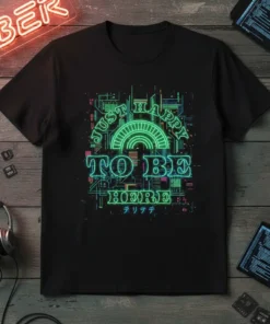 Cyberpunk t-shirt with neon green text "JUST HAPPY TO BE HERE" and Japanese characters, set against a digital city backdrop