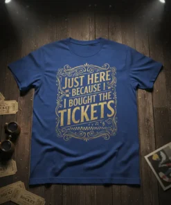 Blue t-shirt with gold lettering that reads "Just Here Because I Bought The Tickets" in ornate font, includes musical notes