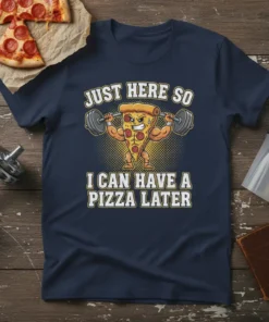 Funny t-shirt with text "Just Here So I Can Have A Pizza Later" featuring a cartoon slice of pizza lifting