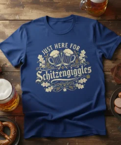 Blue t-shirt with "JUST HERE FOR Schitzengiggles" text and crossed beer mugs graphic, oak leaves, and ornate border