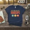 Just Here For The Hookups RV camping t-shirt with vintage icons for electricity, water, and camper trailer