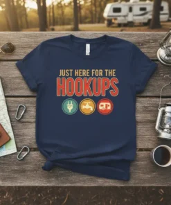 Just Here For The Hookups RV camping t-shirt with vintage icons for electricity, water, and camper trailer