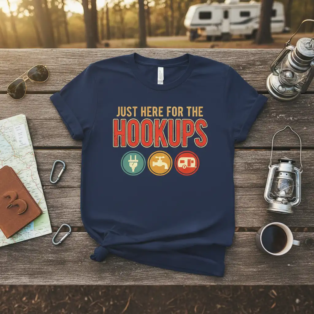 Just Here For The Hookups vintage t-shirt design with RV icons for electricity, water, and camper trailer