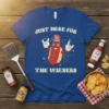 Just Here For The Wieners text with a cartoon hot dog wearing sunglasses and a patriotic hat on a blue