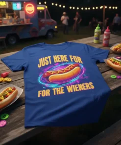 Blue t-shirt with "JUST HERE FOR THE WIENERS" text and a graphic of a hot dog in neon rings